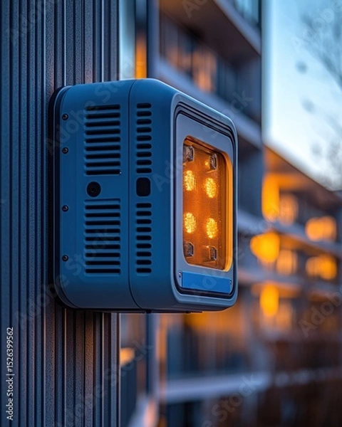 Fototapeta Modern, square, light fixture mounted on a metal pole,  urban setting