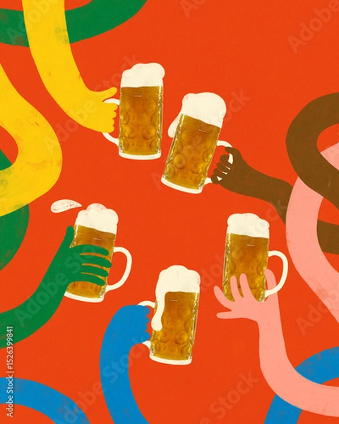 Fototapeta Colorful cartoon hands holding big beer mugs with foam on red background. Funny drawing artwork. Flat folk design. Concept of group toast, beer fest, party, summer, celebration, weekend