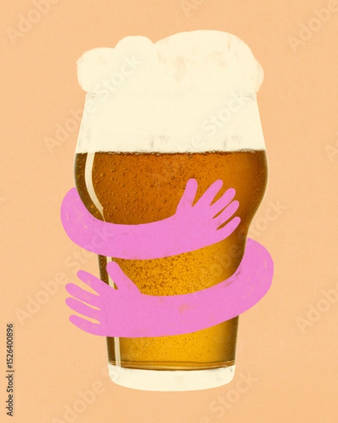 Obraz Beer glass with foam being hugged by two pink arms on peach background. Modern art design. Flat folk design. Concept of beer love, fun celebration, surreal drink mood, and playful party
