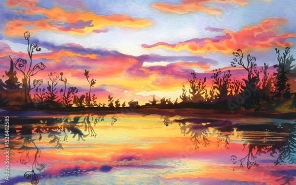 Obraz Watercolor Sunset over Tranquil Lake Landscape