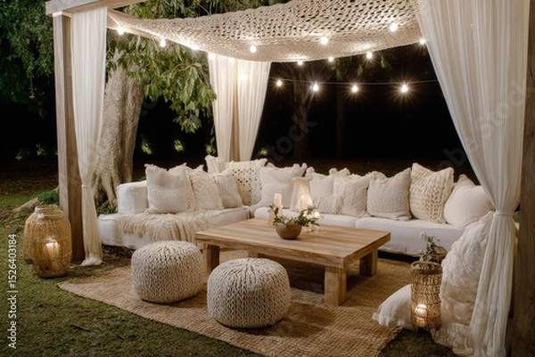 Fototapeta A cozy outdoor lounge area features a woven canopy, soft white cushions, and decorative poufs, creating a serene atmosphere surrounded by soft lighting and greenery