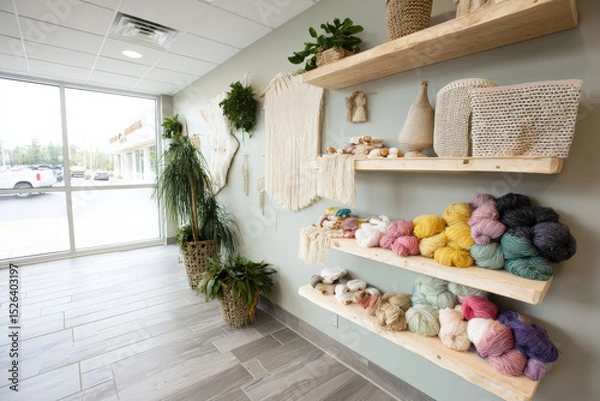 Fototapeta A cozy craft store interior showcasing handmade items, macramé wall art, and colorful yarn displays, filled with green plants for a warm, inviting atmosphere