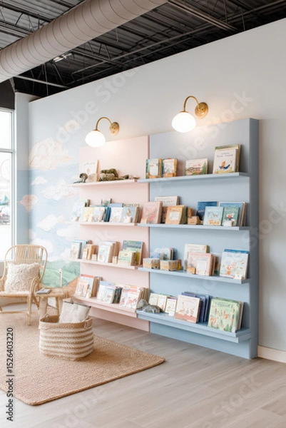 Fototapeta A bright children's bookstore with pastel-colored walls features a colorful bookshelf filled with children's books, a cozy chair, and soft lighting creating a welcoming atmosphere