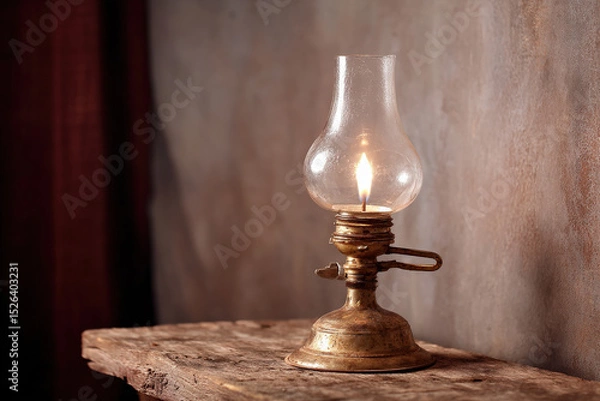 Fototapeta An old-fashioned kerosene lamp stands on a rustic wooden table, casting a warm glow in a dimly lit room, evoking nostalgia and vintage charm
