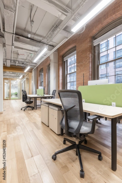 Fototapeta A spacious contemporary open-concept coworking space featuring wooden floors, large windows, and modern desks arranged in a collaborative layout