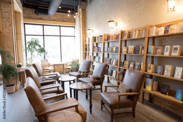 Fototapeta cozy independent bookstore interior with comfortable seating and wooden shelves filled with diverse books offering a warm and inviting atmosphere for readers