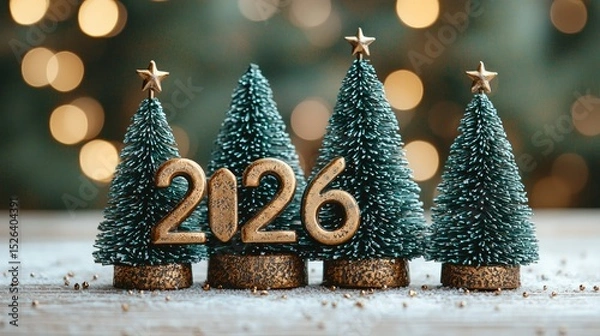 Obraz Miniature christmas trees display the new year 2026.