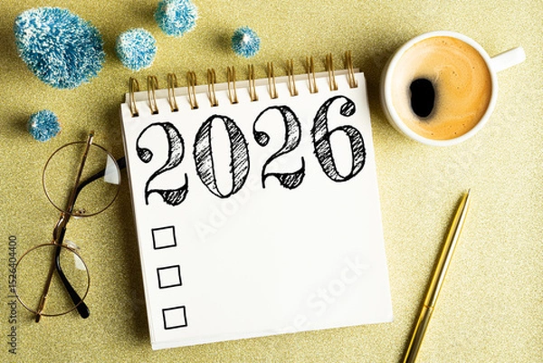Fototapeta 2026 New year resolutions on desk. 2026 goals list with notebook, coffee cup, festive decorations on golden background. Resolutions, plan, goals, checklist, idea concept. New Year 2026 resolutions