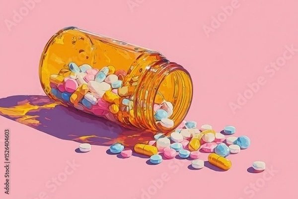 Obraz Colorful assortment of pills spilling from an orange prescription bottle onto a pink surface, creating a vibrant and eye-catching display of medication and health concepts