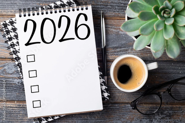 Fototapeta New year resolutions 2026 on desk. 2026 goals list with notebook, coffee cup, plant on wooden table. Resolutions, plan, goals, action, checklist, idea concept. New Year 2026 resolutions. Copy space