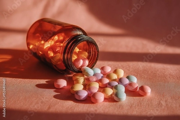 Obraz Colorful pills spilling from an amber glass bottle onto a soft pink surface, showcasing vibrant hues and textures, creating a visually appealing and dynamic composition