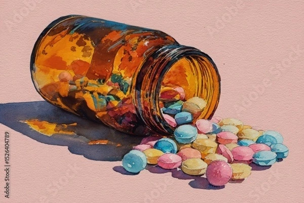 Obraz Colorful pills spilling from a glass jar on a soft pink background, showcasing vibrant hues and textures, creating an inviting and playful atmosphere for health and wellness themes