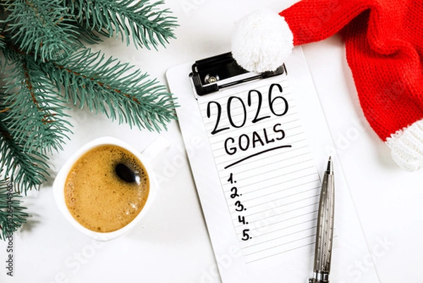 Fototapeta New year resolutions 2026 on desk. 2026 resolutions list with notebook, coffee cup on table. Goals, resolutions, plan, action, checklist concept. New Year 2026 template, copy space