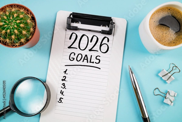 Fototapeta New year resolutions 2026 on desk. 2026 goals list with notebook, coffee cup, plant on blue table. Resolutions, plan, goals, action, checklist, idea concept. New Year 2026 resolutions, copy space