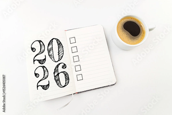 Fototapeta New year resolutions 2026 on desk. 2026 goals list with notebook, coffee cup on white. Resolutions, plan, goals, action, checklist, idea concept. New Year 2026 resolutions, copy space
