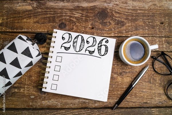 Fototapeta New year resolutions 2026 on desk. 2026 goals list with notebook, coffee cup on wooden table. Resolutions, plan, goals, action, checklist, idea concept. New Year 2026 resolutions, copy space