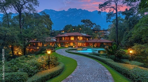 Obraz A lavish estate nestled in a tranquil mountain setting.
