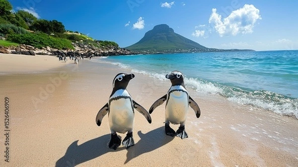 Obraz Two african penguins stroll along a sandy beach.
