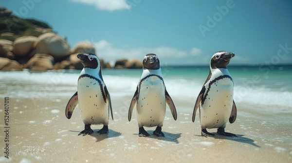 Obraz Three African penguins stand on a sandy beach.