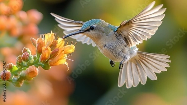 Obraz Hummingbird in flight, feeding from a flower.
