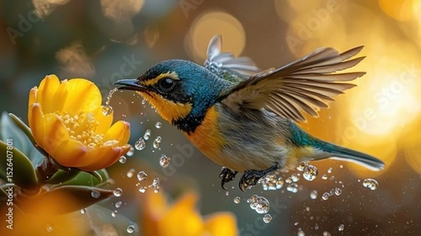 Obraz A vibrant bird in flight, drinking nectar from a flower.