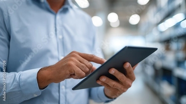 Obraz Male adult using tablet in warehouse setting.