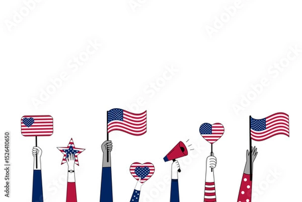 Obraz Illustration of diverse hands holding American flags, hearts, stars, and a megaphone in red, white, and blue. Patriotic celebration of Independence Day, democracy, and unity.