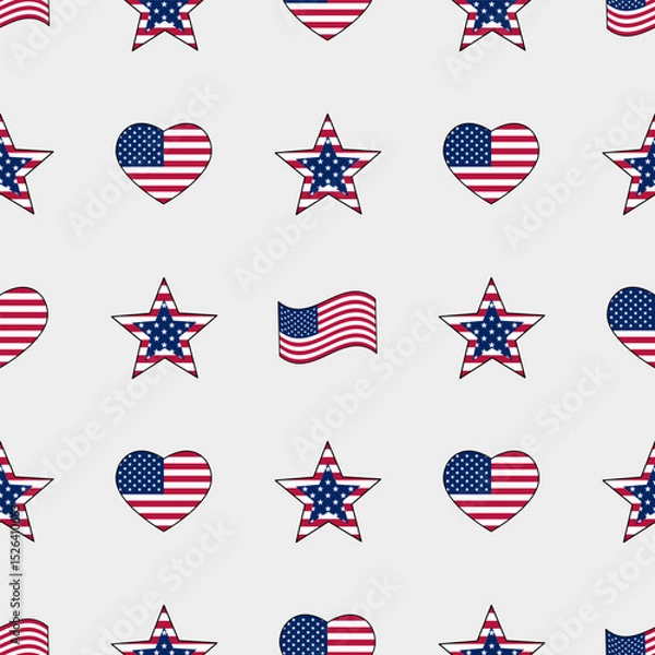 Obraz Seamless patriotic pattern featuring hearts, stars, and flags in classic red, white, and blue — perfect for celebrating Independence Day with American spirit!