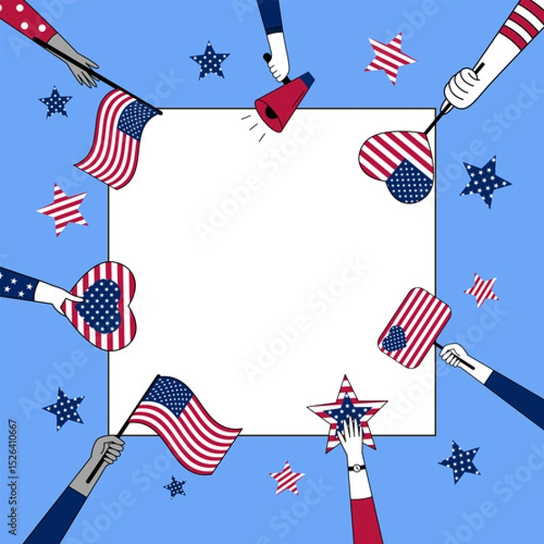 Obraz Colorful 4th of July border illustration with hands holding American flags, hearts, megaphones, and stars.