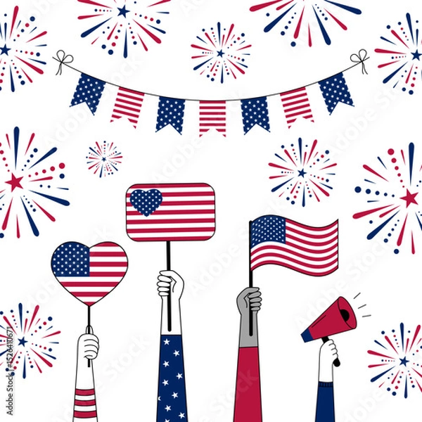 Obraz Diverse hands holding megaphones and American flags against a festive backdrop of garlands and fireworks in red, white, and blue. 