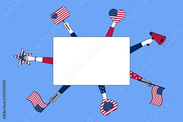Obraz Festive American Independence Day illustration with diverse hands holding US flags, hearts, stars, and a megaphone around a rectangular frame.