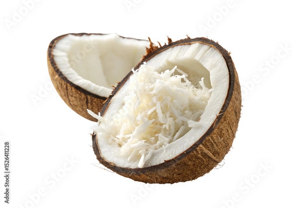 Obraz Fresh coconut half with shredded coconut inside isolated on a transparent background png