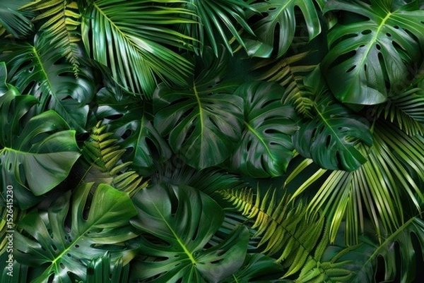 Fototapeta Detailed Color Picture of Green Tropical Leaves Arrangement in Rainforest