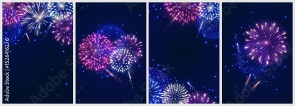 Fototapeta Vector shiny fireworks explosions. Pink, white and blue firecrackers. Holiday decoration for 4th of July, Christmas and New year party. Festive background for birthday invitations, wedding, diwali.