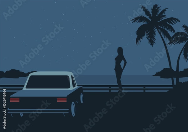 Obraz Night background with car vector, flat illustration
