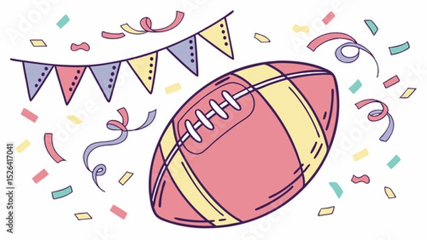 Fototapeta Colorful football with festive decorations and confetti in background  