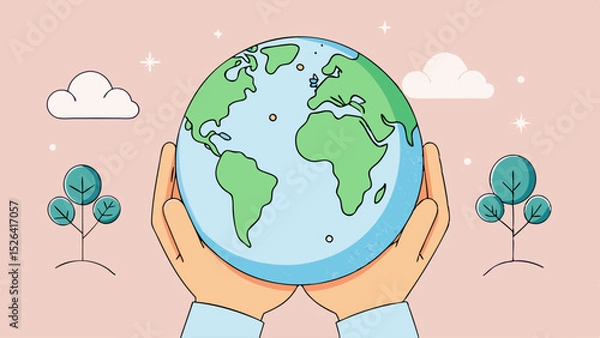 Fototapeta Hands holding globe with trees and clouds in a pastel background  
