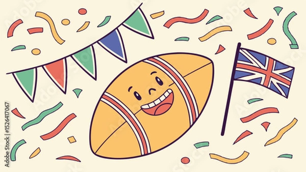 Fototapeta Cartoon rugby ball smiling with flags and confetti in a festive setting  