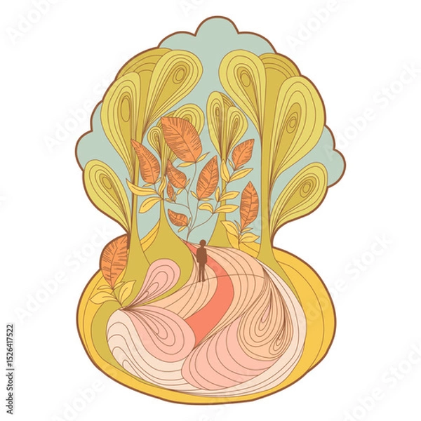 Fototapeta Abstract pastel forest with a lonely figure – symbolic illustration of neurodiversity, autism, and inclusion Surreal abstract illustration of a person standing alone 