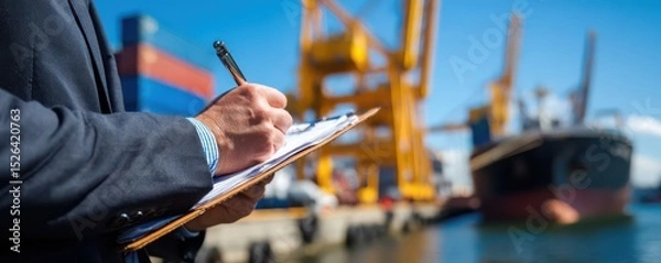 Fototapeta Business Professional Taking Notes with Shipping Containers in Background at Busy Port