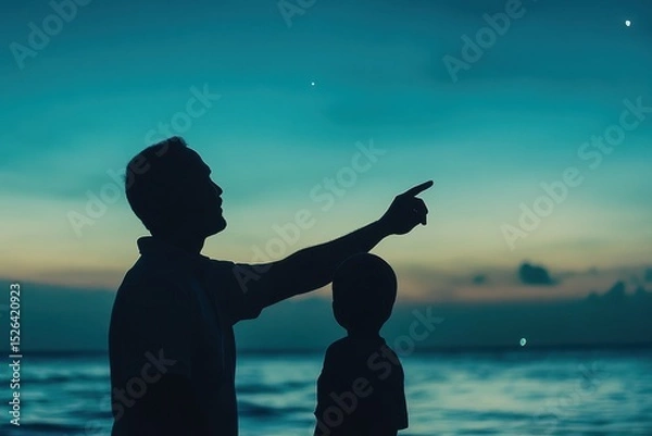 Obraz Father and Child Silhouette Pointing at Stars by the Ocean at Dusk