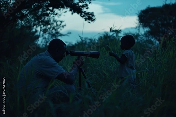 Obraz Father and Child Stargazing Together in a Moonlit Landscape