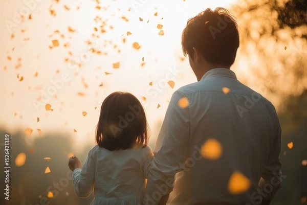 Obraz Father and Daughter Enjoying a Magical Moment with Falling Petals