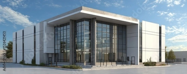 Obraz Modern Architectural Design of Contemporary Commercial Building with Large Glass Facade and Clear Sky Background