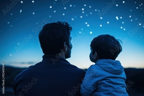Obraz Father and son enjoying stargazing together in a night sky