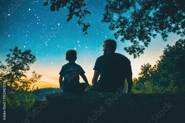 Obraz Father and Son Sitting Together Under Starry Sky at Dusk