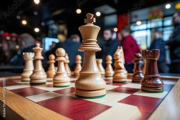 Obraz Focused View of Chess Pieces on Board in a Vibrant Cafe Setup