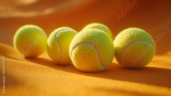 Obraz Four tennis balls arranged on an orange textured surface, leaving ample copy space. Perfect for sports, fitness, or leisure themes. : Generative AI