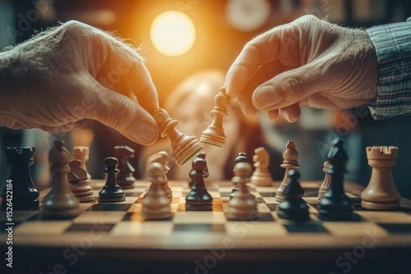 Obraz Hands Moving Chess Pieces on a Checkered Board During Game Night