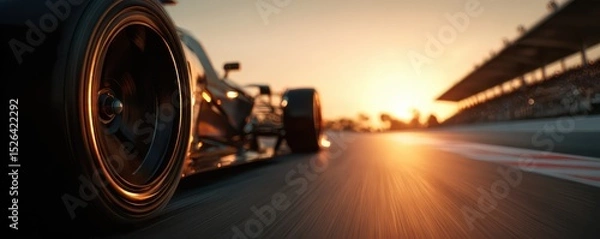 Fototapeta Dynamic Close-Up of a Racing Car Wheel During a Sunset at the Racetrack with Blurred Background and Vibrant Colors
